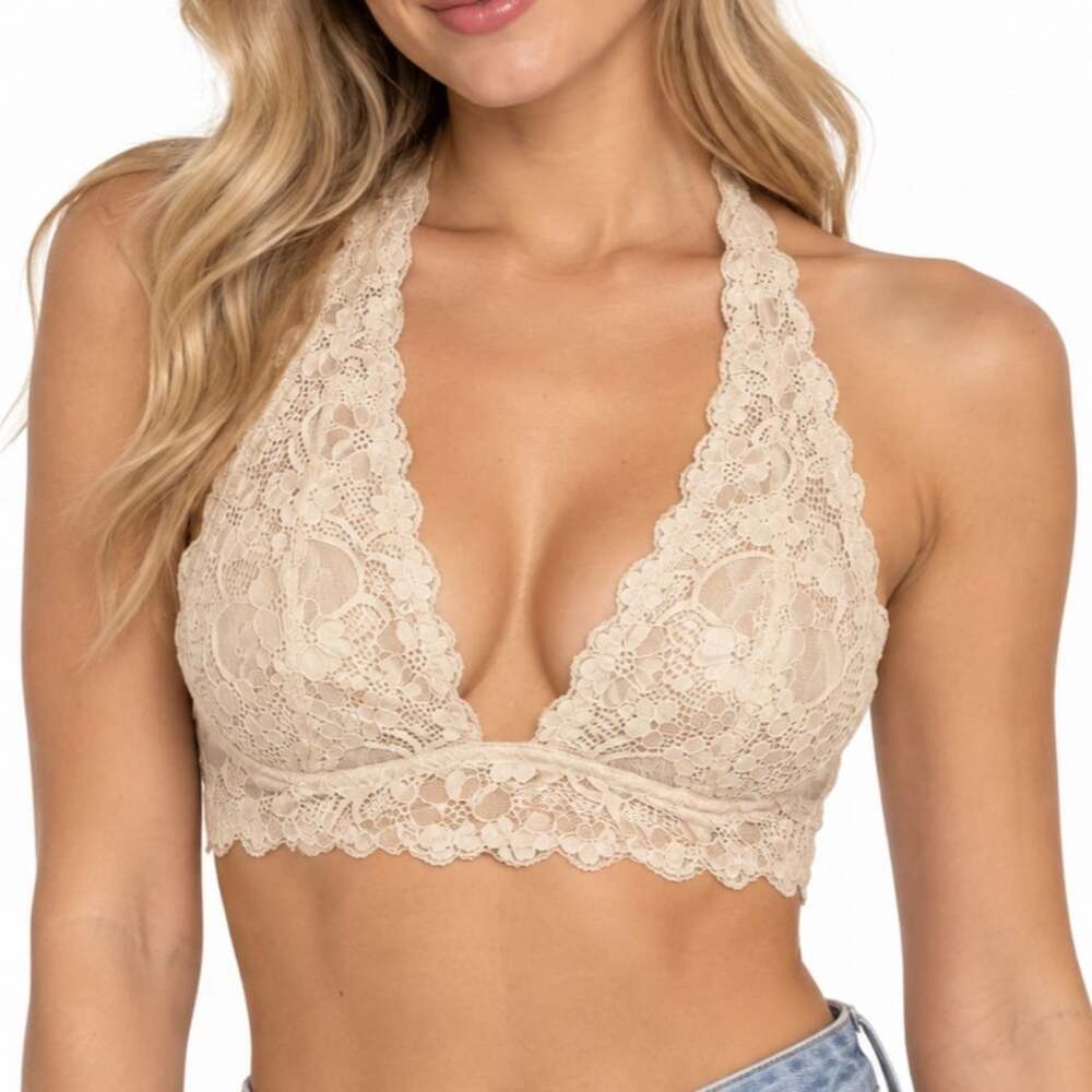 Beige Floral Lace Halter Neck Plunge Bralette